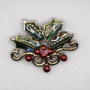 VTG Enamel Holly Berry Brooch | Festive Christmas Pin No Mark 2" Wide